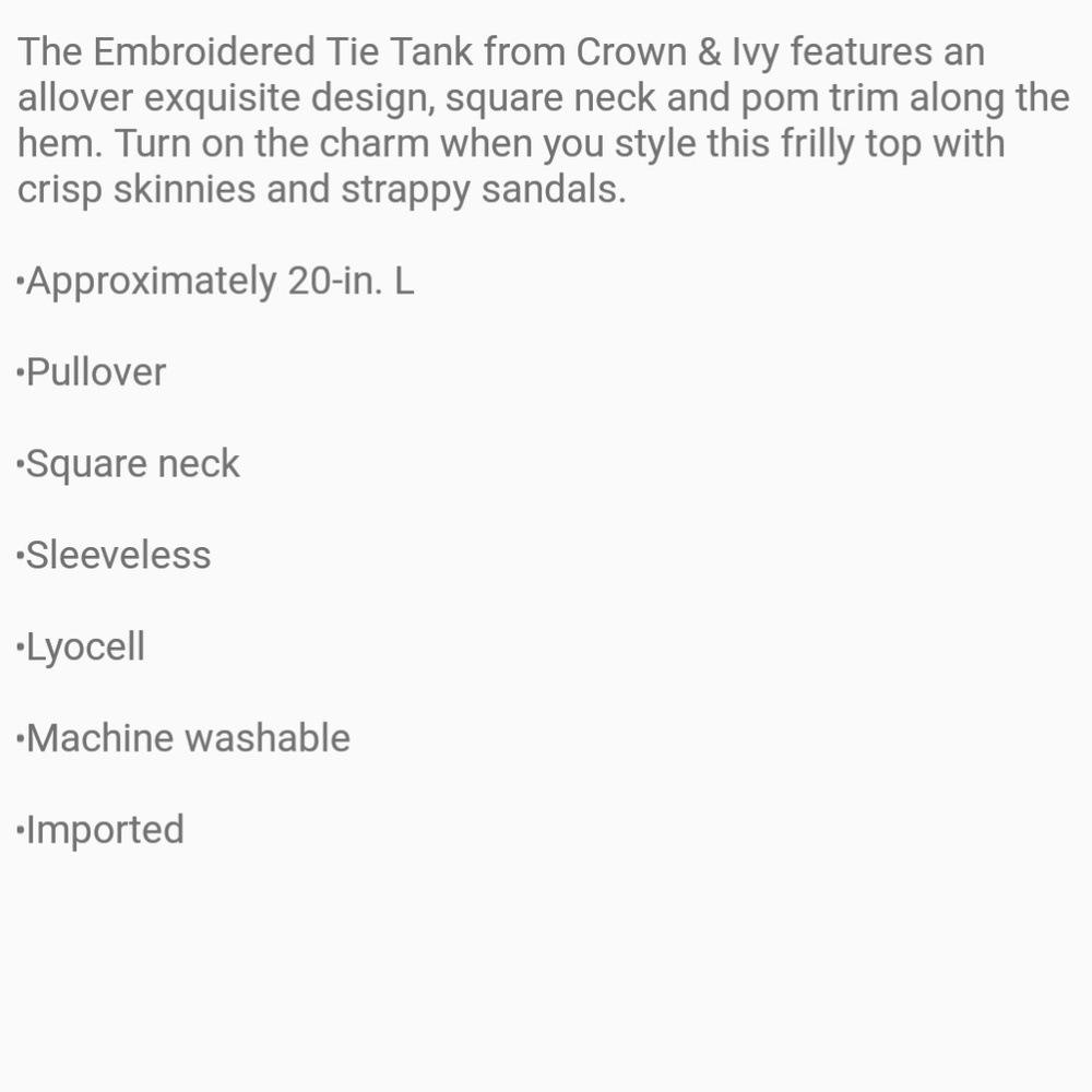 Crown & Ivy embroidered tie tank top sleeveless - Picture 4 of 4